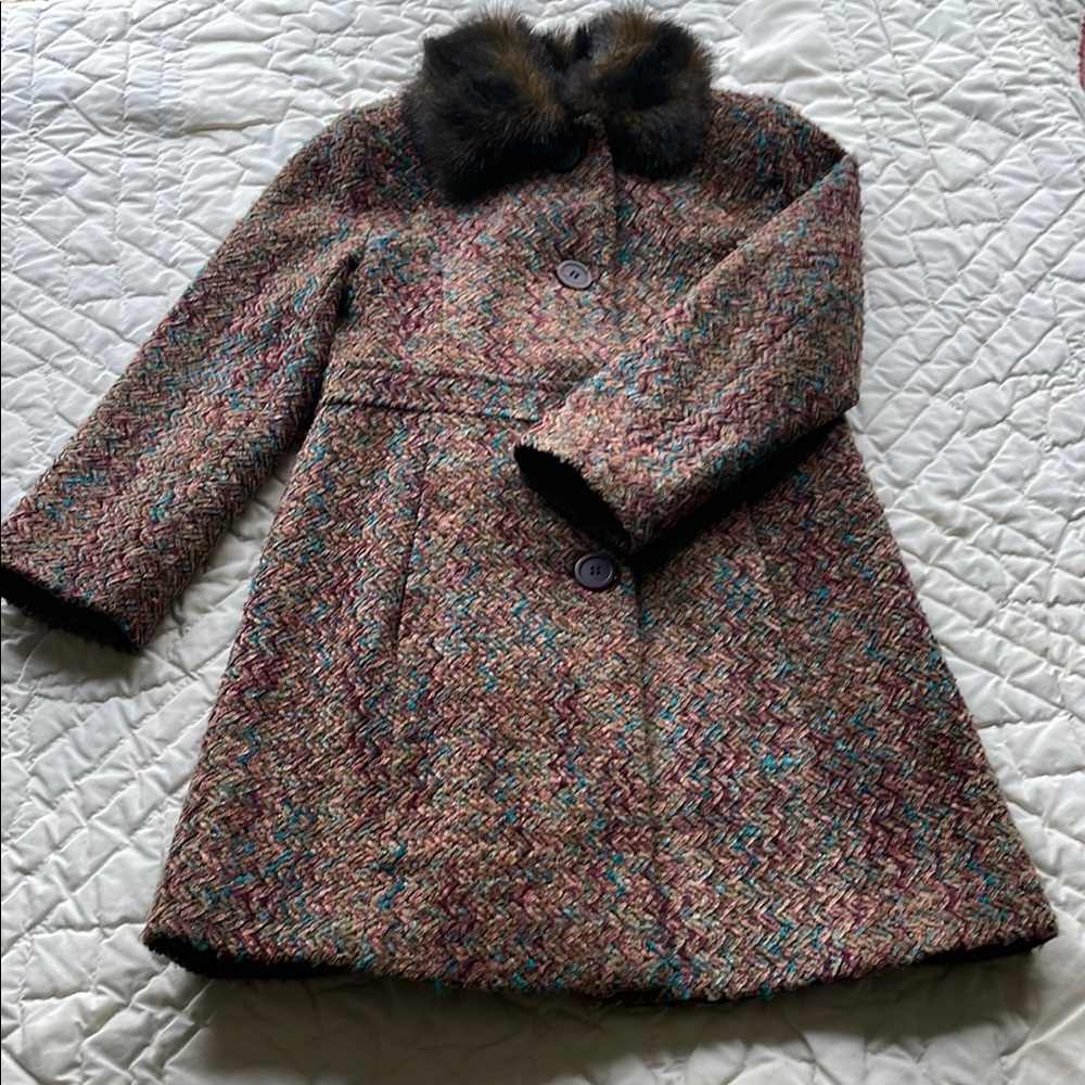 Vintage Multicolor Kids Coat with Faux Fur Collar